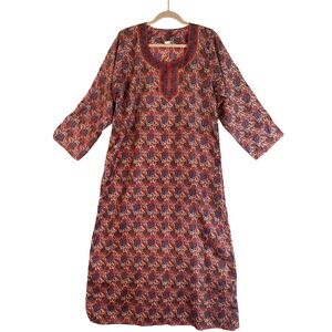 Vintage Full Sleeves Indian Block Print Paisley Maxi Dress Kaftan Red Blue 44"